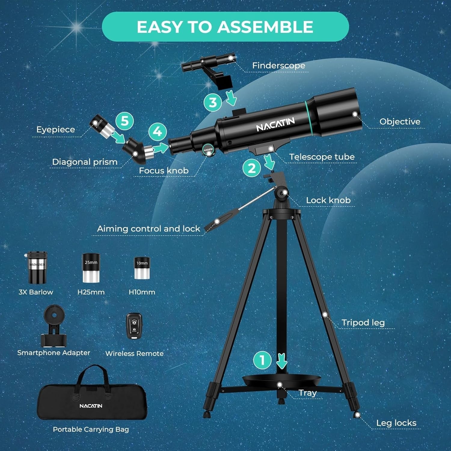 70mm Kids Telescope Refractor with Tripod & Phone Adapter Beginner Astronomy