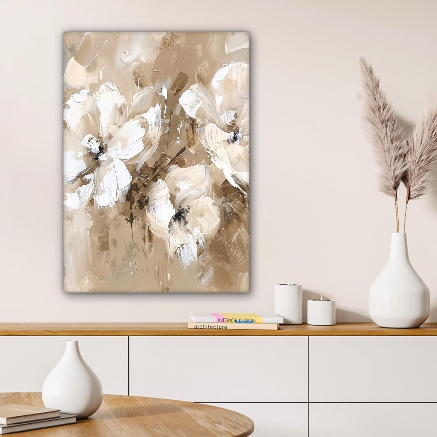 Beige Floral Canvas Wall Art 50x70cm Framed Watercolour Decor
