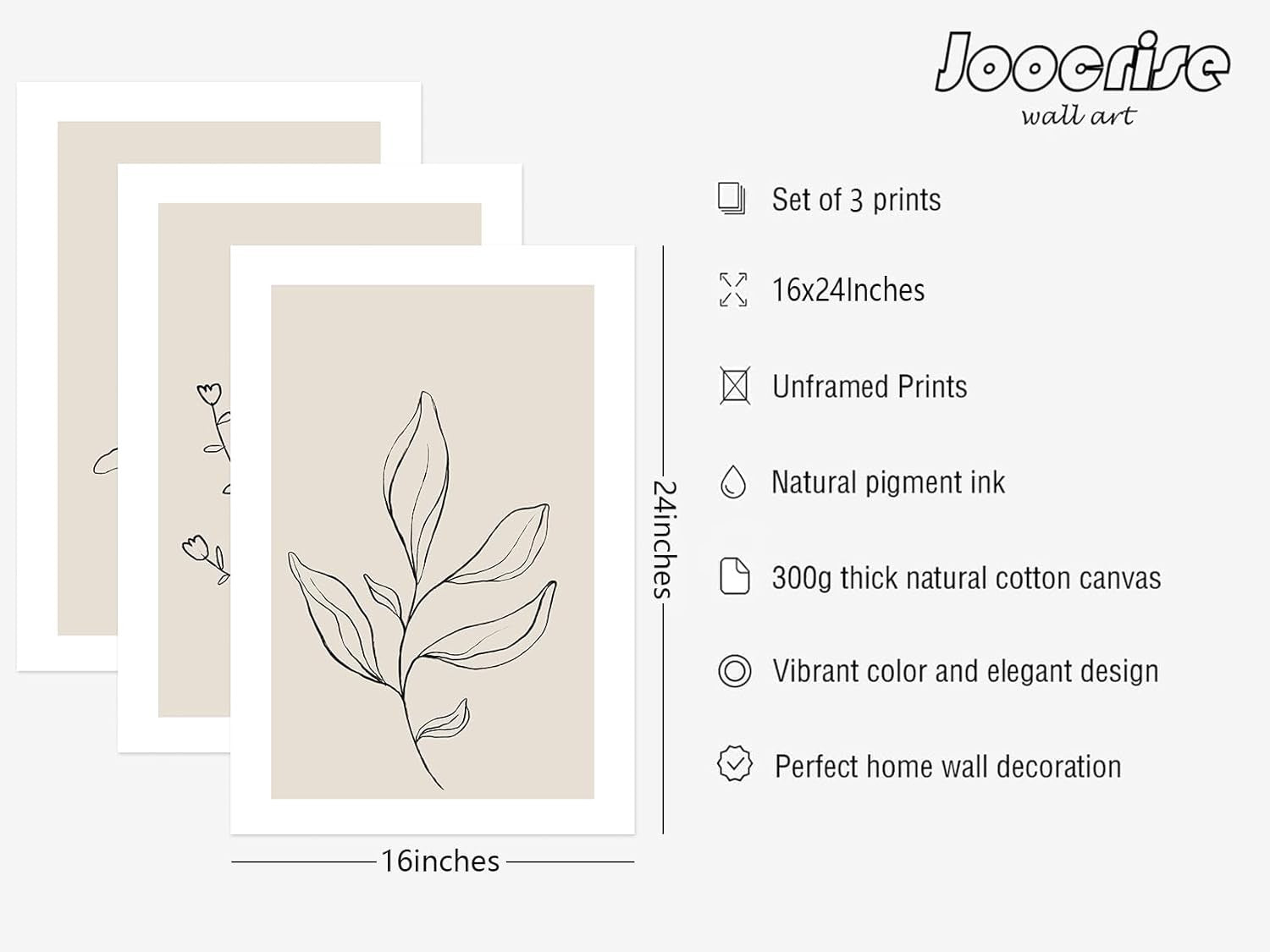 Boho Beige Botanical Wall Art Set 3 16x24in Prints