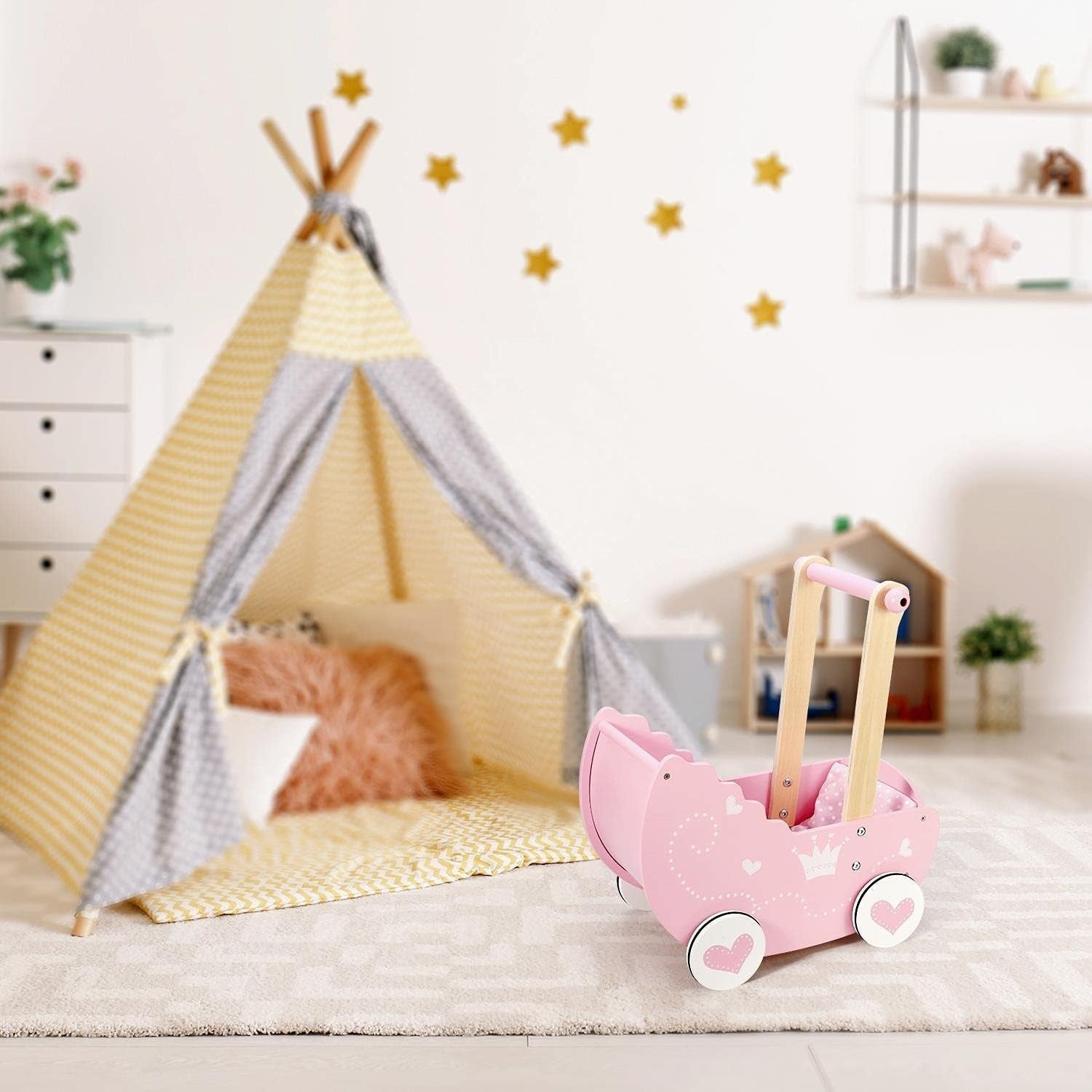 Wooden Doll Pram Push Along Pink Princess Toy with Bedding 3+