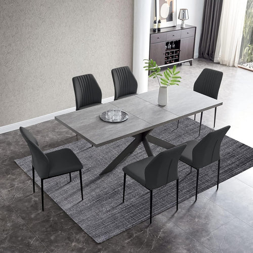 Extendable Dining Table Set 6 Black Chairs MDF Kitchen Living Room Furniture