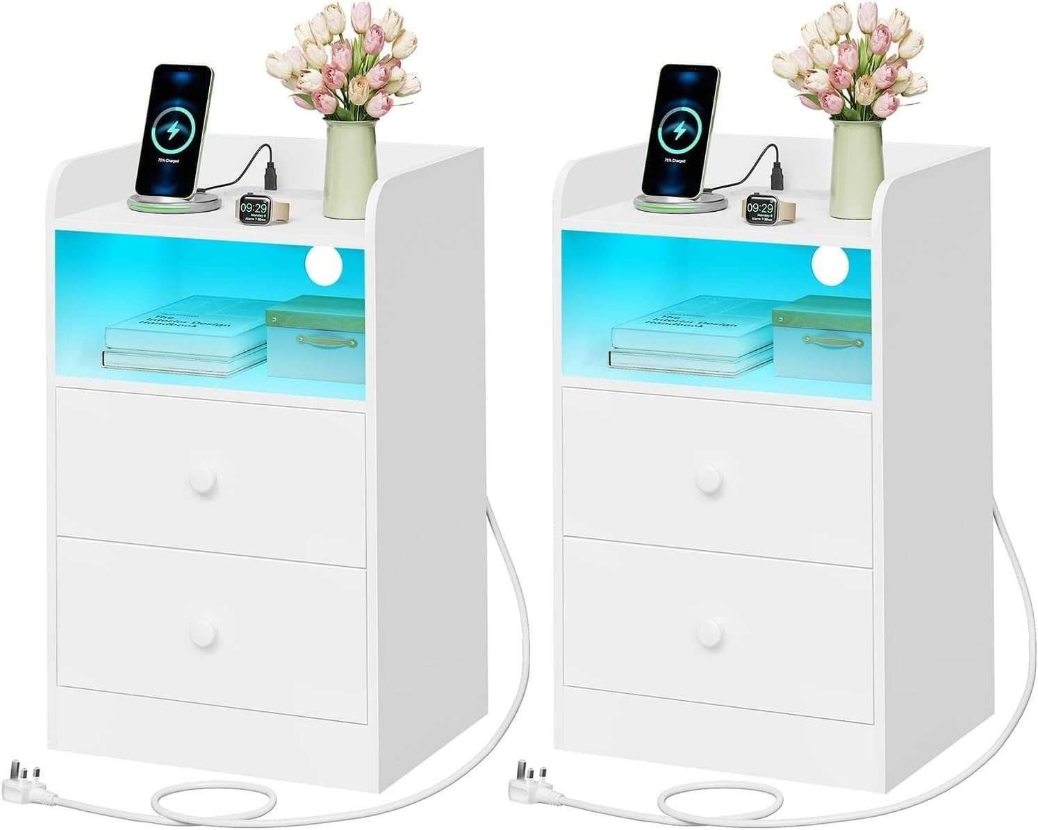 Set of 2 Smart Bedside Tables with USB Ports, LED Lights & 2 Drawers, White