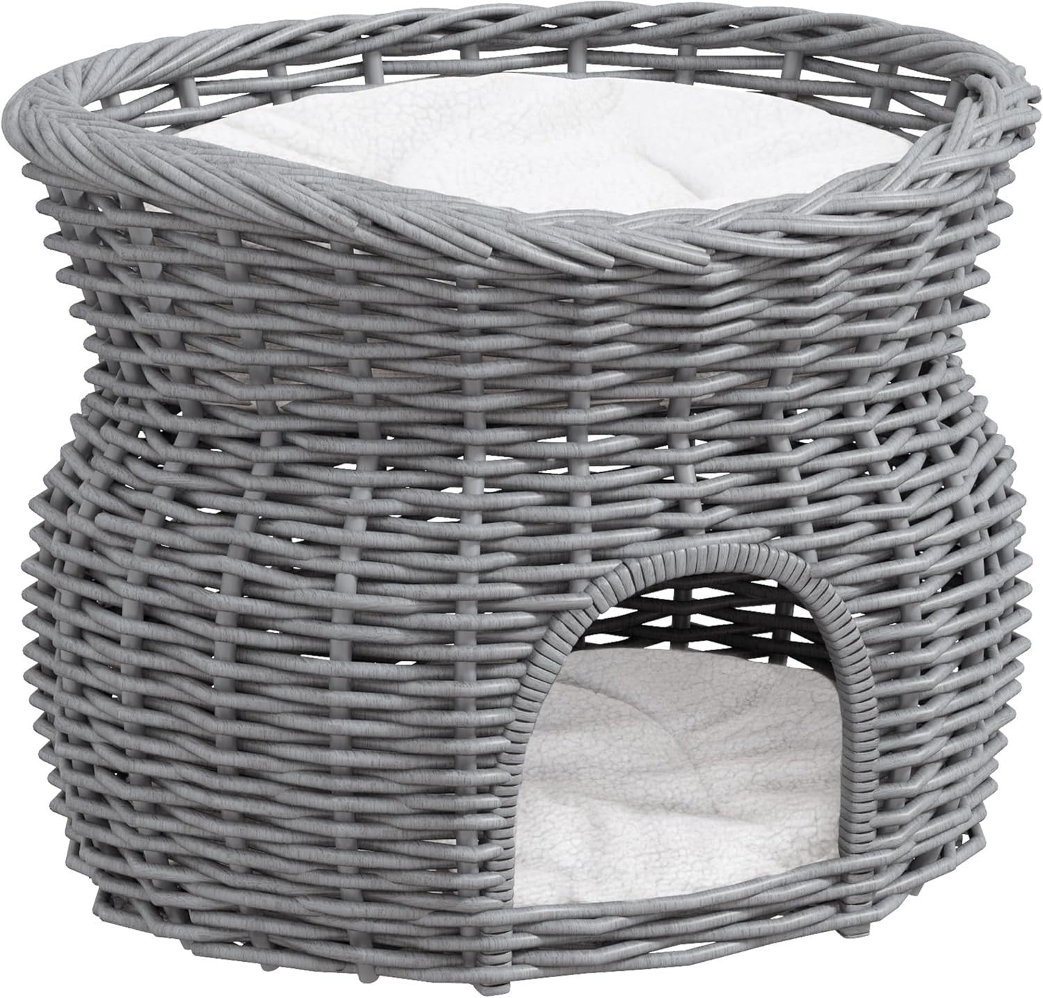 2 Tier Wicker Cat House Elevated Bed Basket Cave w Washable Cushions