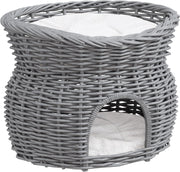 2 Tier Wicker Cat House Elevated Bed Basket Cave w Washable Cushions