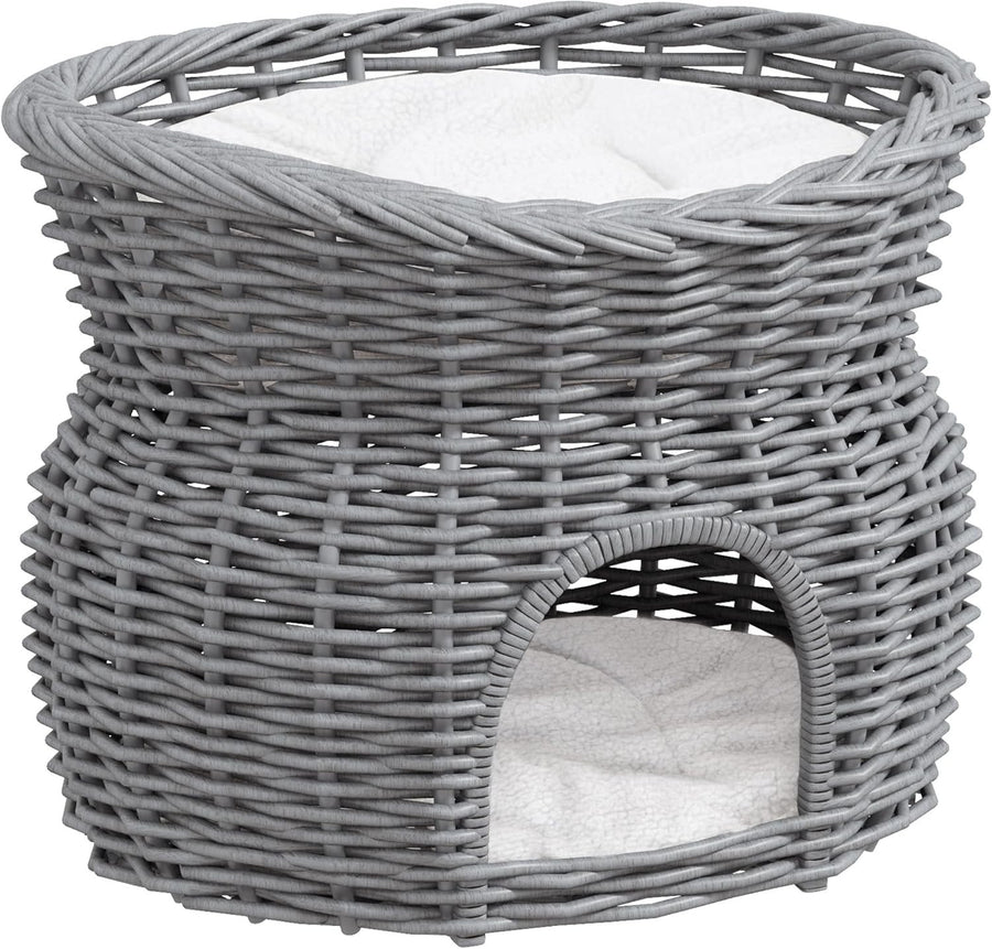 2 Tier Wicker Cat House Elevated Bed Basket Cave w Washable Cushions