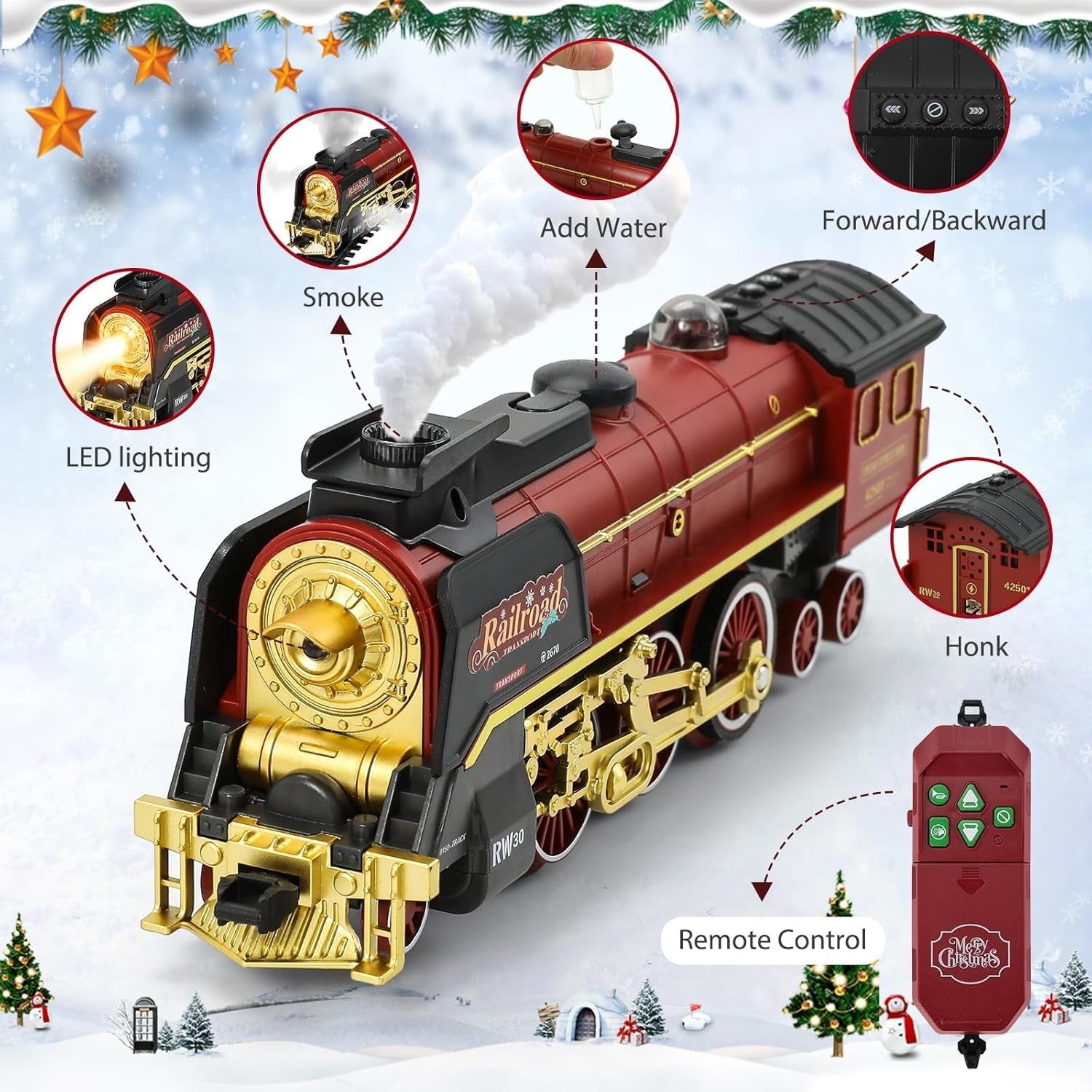 Remote Control Steam Train Set with Smoke, Lights & Sound for Kids 3+