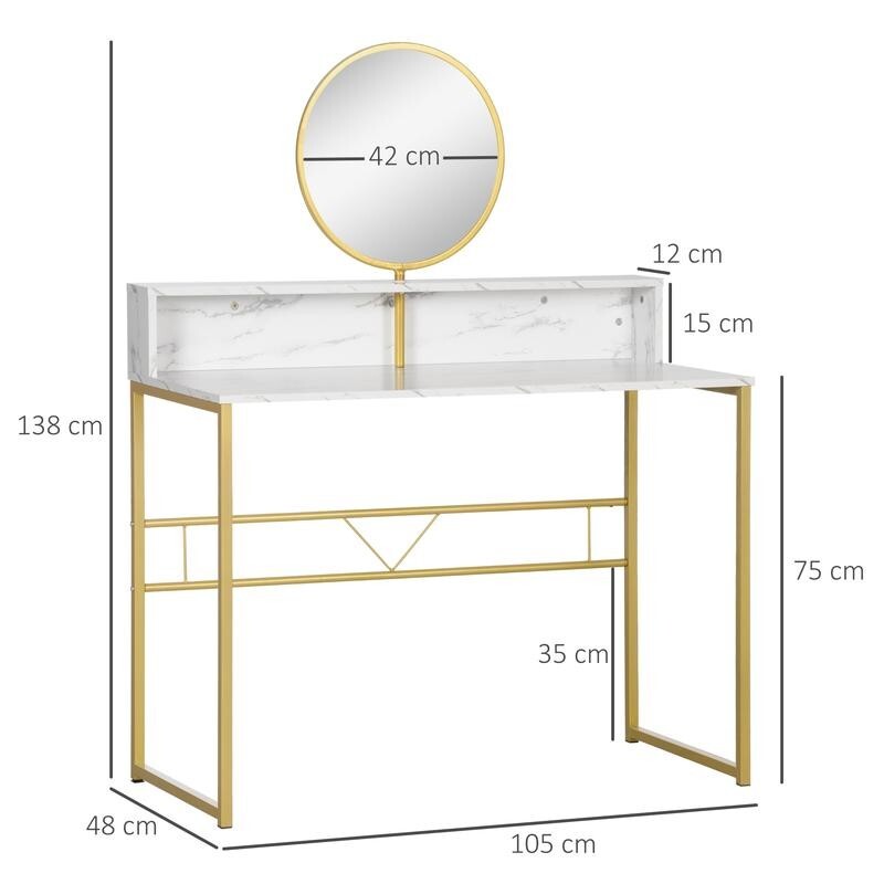 Modern White Vanity Desk w/ Mirror Marble Top Makeup Table Gold Legs