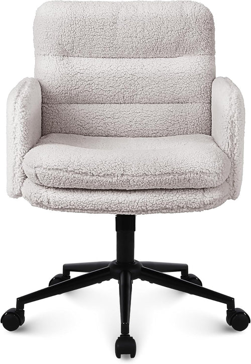 Ergonomic Office Desk Chair Swivel Cream Faux Fur Adjustable Height Tilt Lock