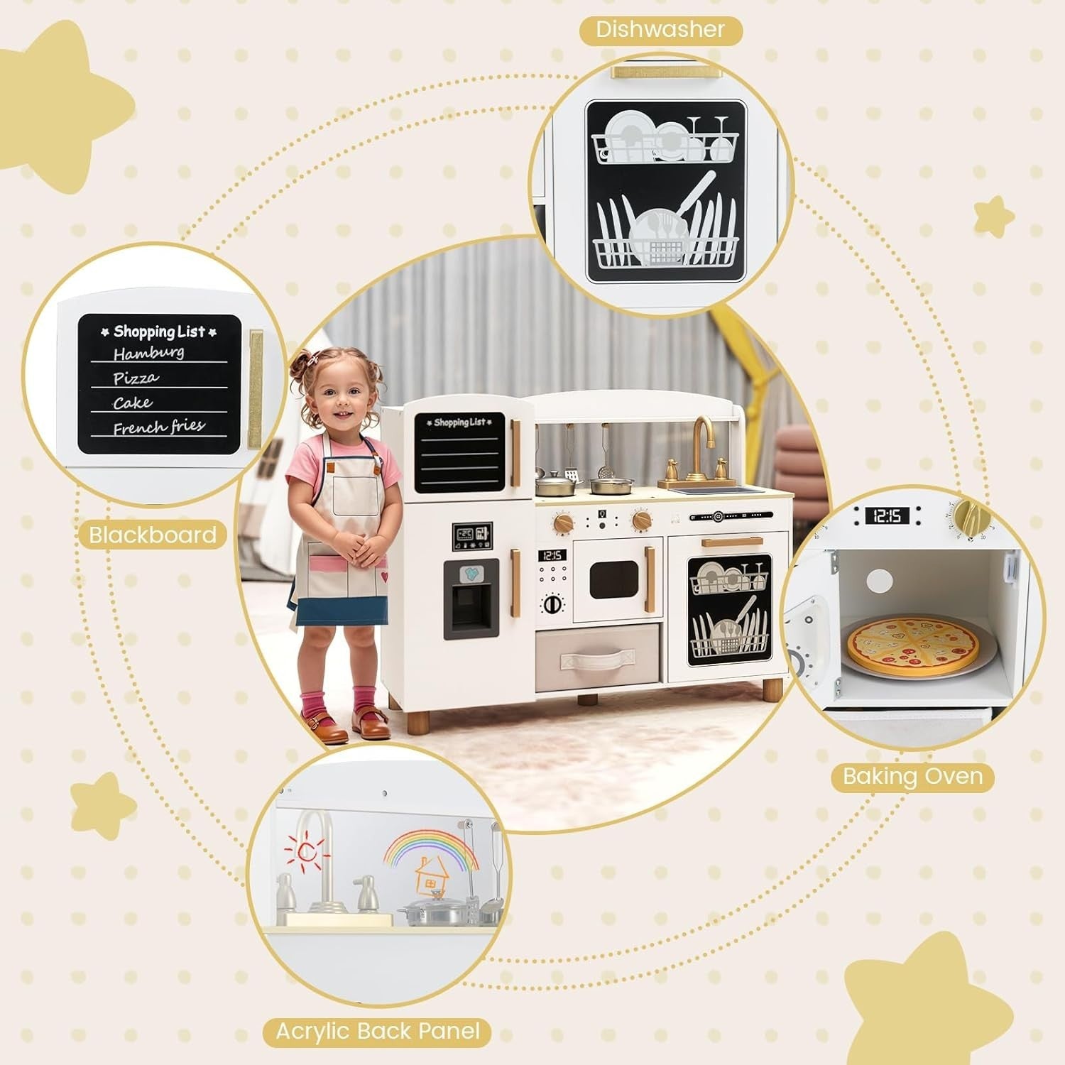 Wooden Kids Play Kitchen White w/ Ice Maker Sink Blackboard Set