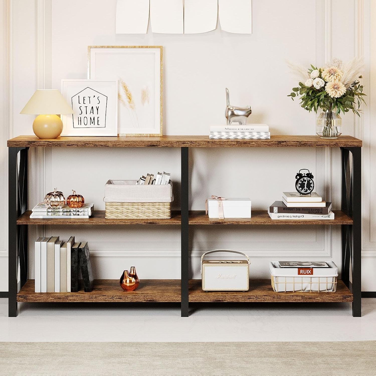 Rustic Console Table 3-Tier Wood Shelf for Entryway Sofa Hallway 55in