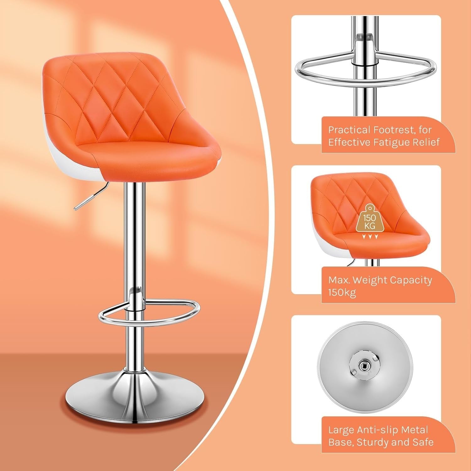 Orange+White Swivel Bar Stool – Adjustable PU Leather Seat with Footrest