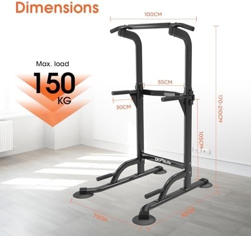 Power Tower Dip Station Black with Pull-Up & Multi-Function Trainer