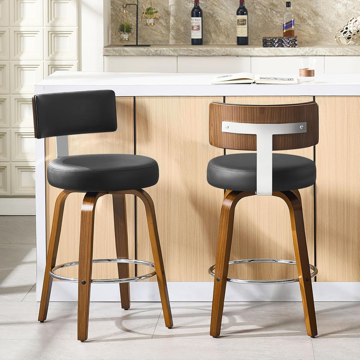 Black Round PU Leather Swivel Bar Stools Set of 2 | Wooden Counter Chairs