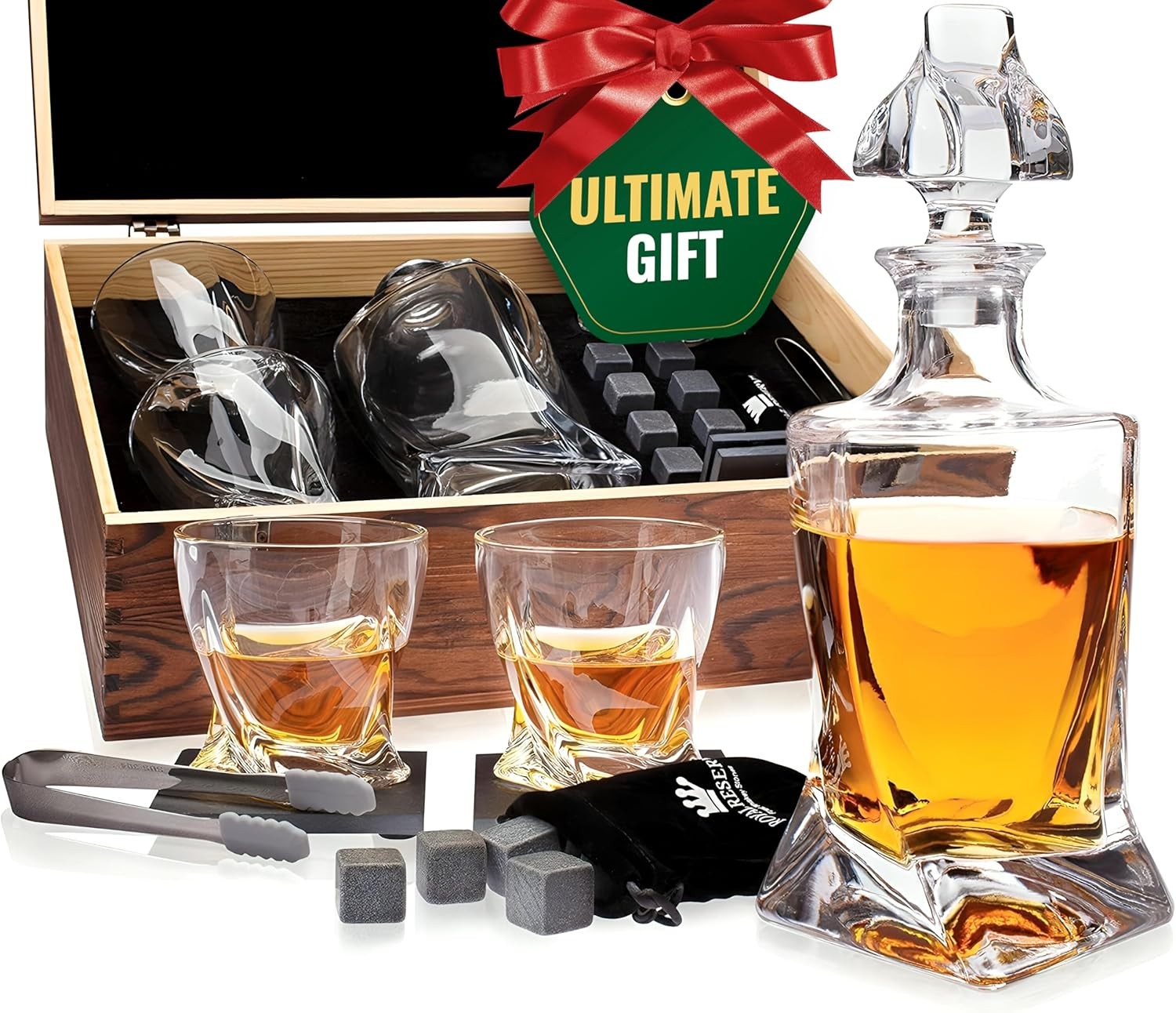 Premium 1000ml Twisted Whisky Decanter Set with Glasses Stones & Wooden Box