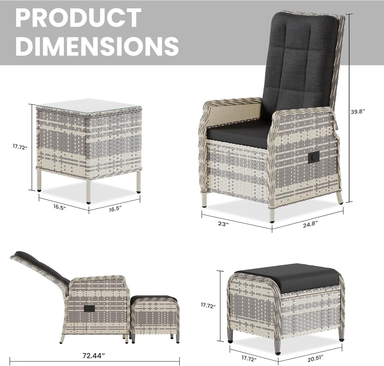 Adjustable Rattan Recliner Patio Set Chairs Stools Coffee Table Outdoor Black