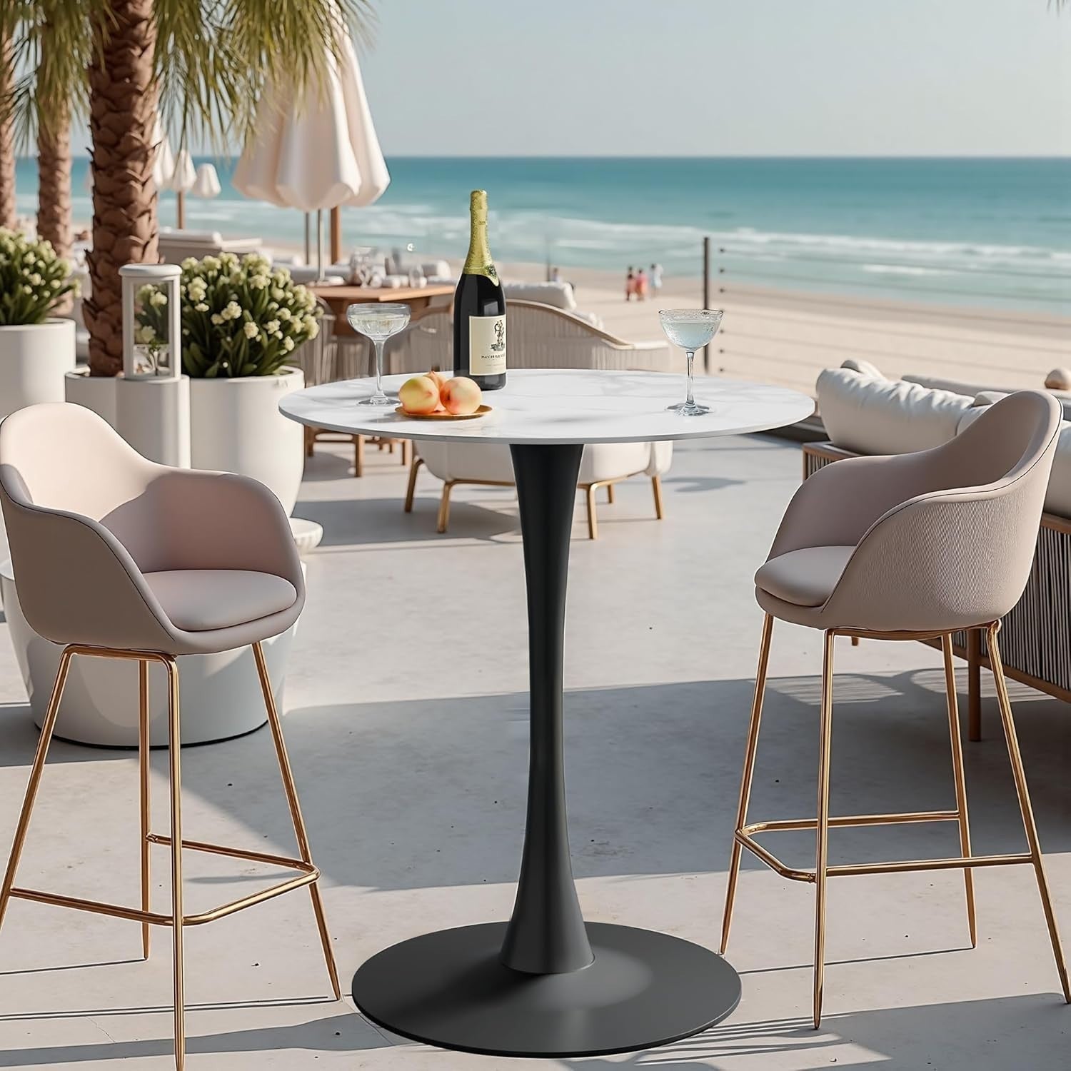 Rich White 76cm Round Tall Bar Table 100cm Sintered Stone Top Black Metal Base