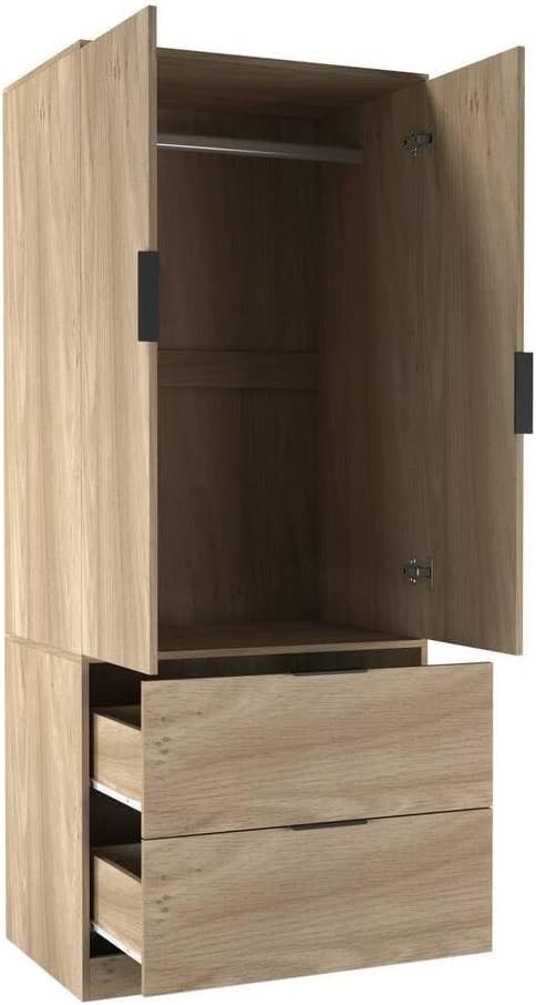 Tall Oak Bedroom Wardrobe 2 Door 2 Drawer Storage Hanging Rail Unit