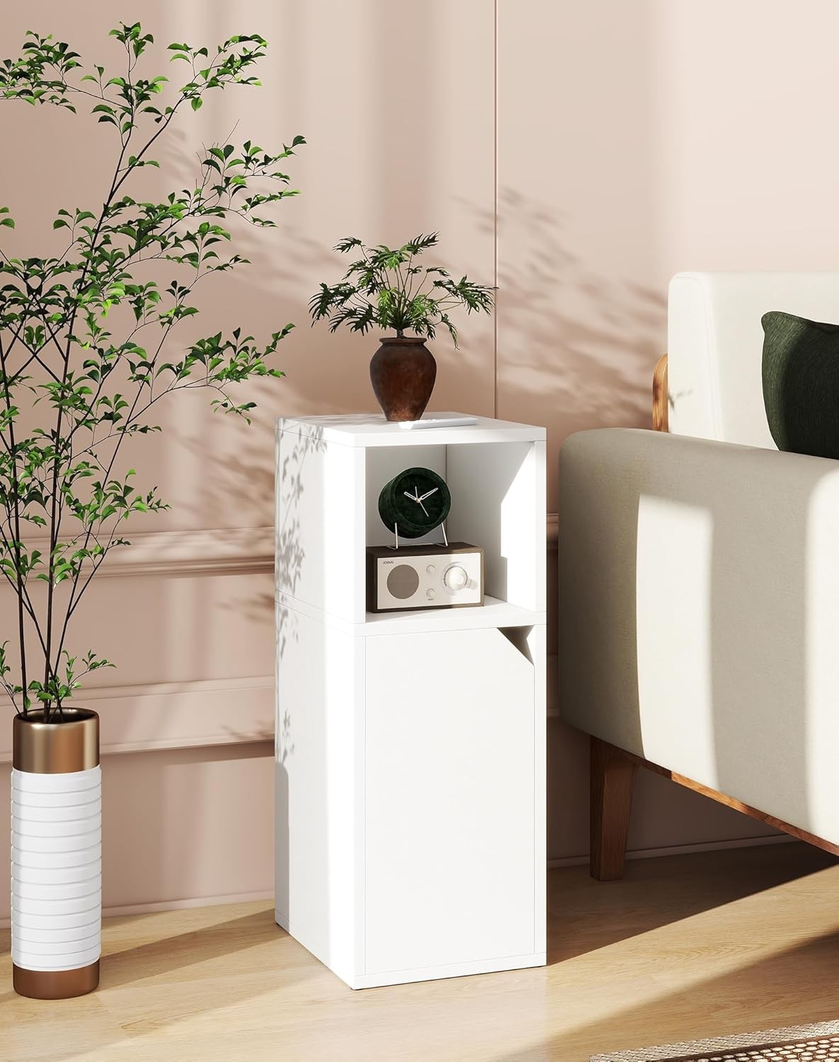Slim White Bedside Tables Set of 2 – Narrow Nightstands with Door & Open Shelf