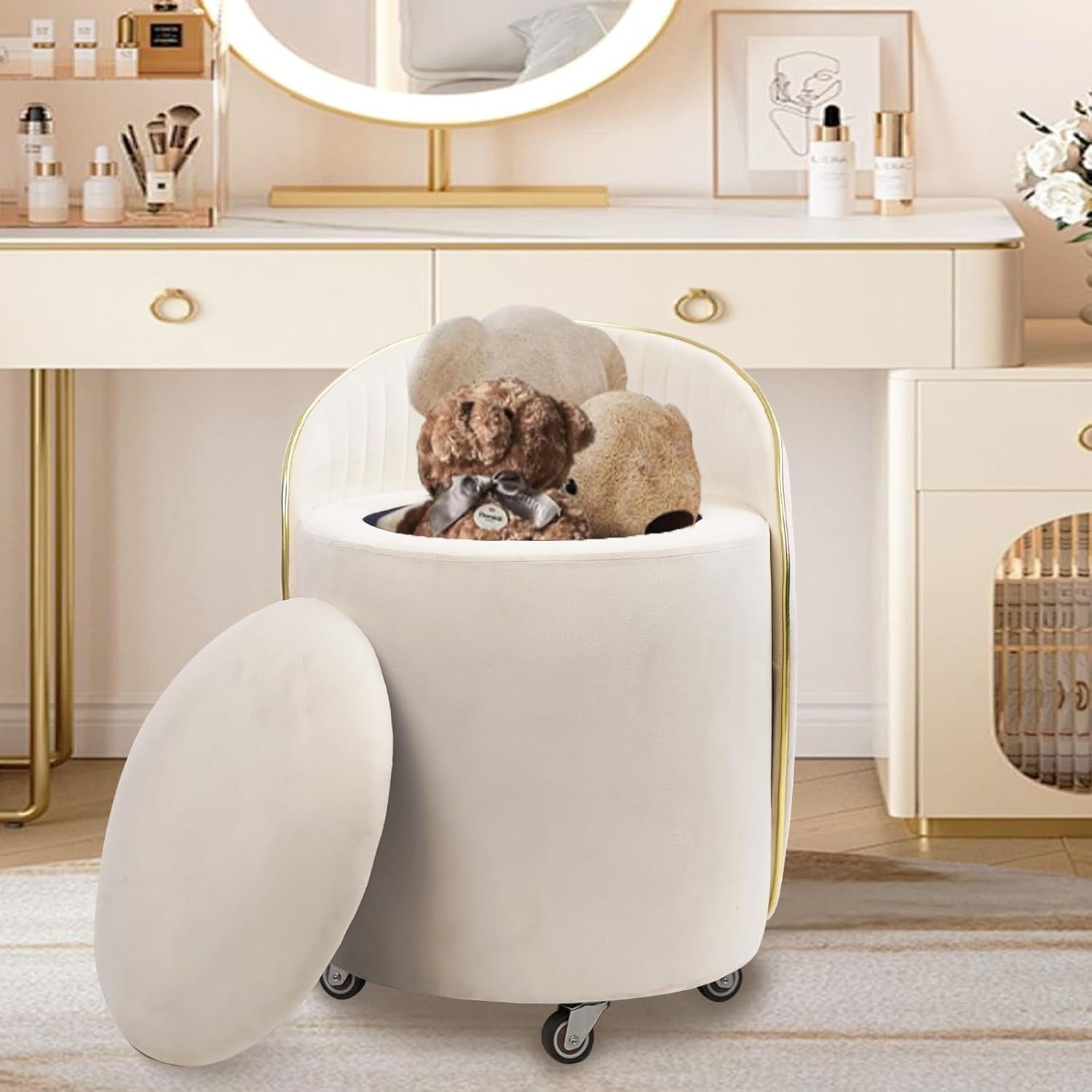 Beige Velvet Round Storage Ottoman Swivel Stool with Backrest & Wheels