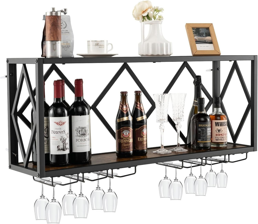 Wall Mounted Wine Rack with Glass Holder 2-Tier Metal Shelf Bar Storage Display