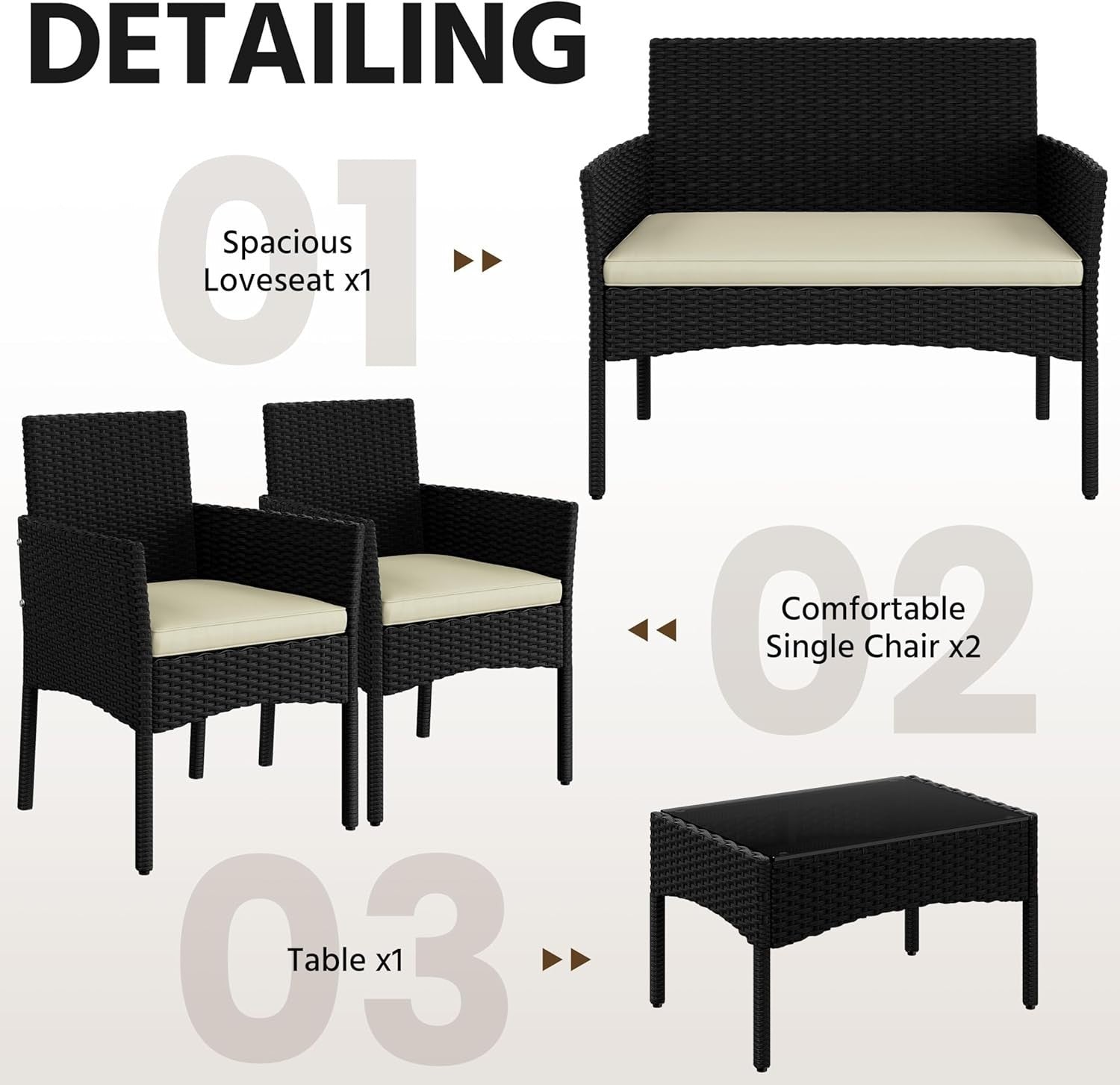 Outdoor Rattan Garden Sofa Set with Cushions & Tempered Glass Table Patio