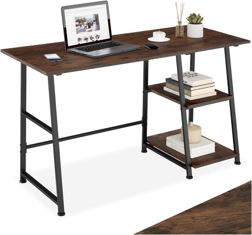 Modern Computer Desk Dark Wood 120cm with 2 Shelves & Steel Frame Office Table