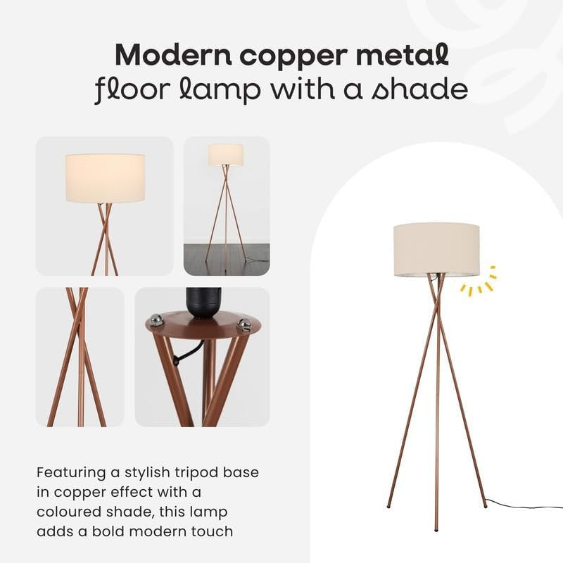 Modern Tripod Floor Lamp Copper Metal Stand Pale Grey Shade LED Tall