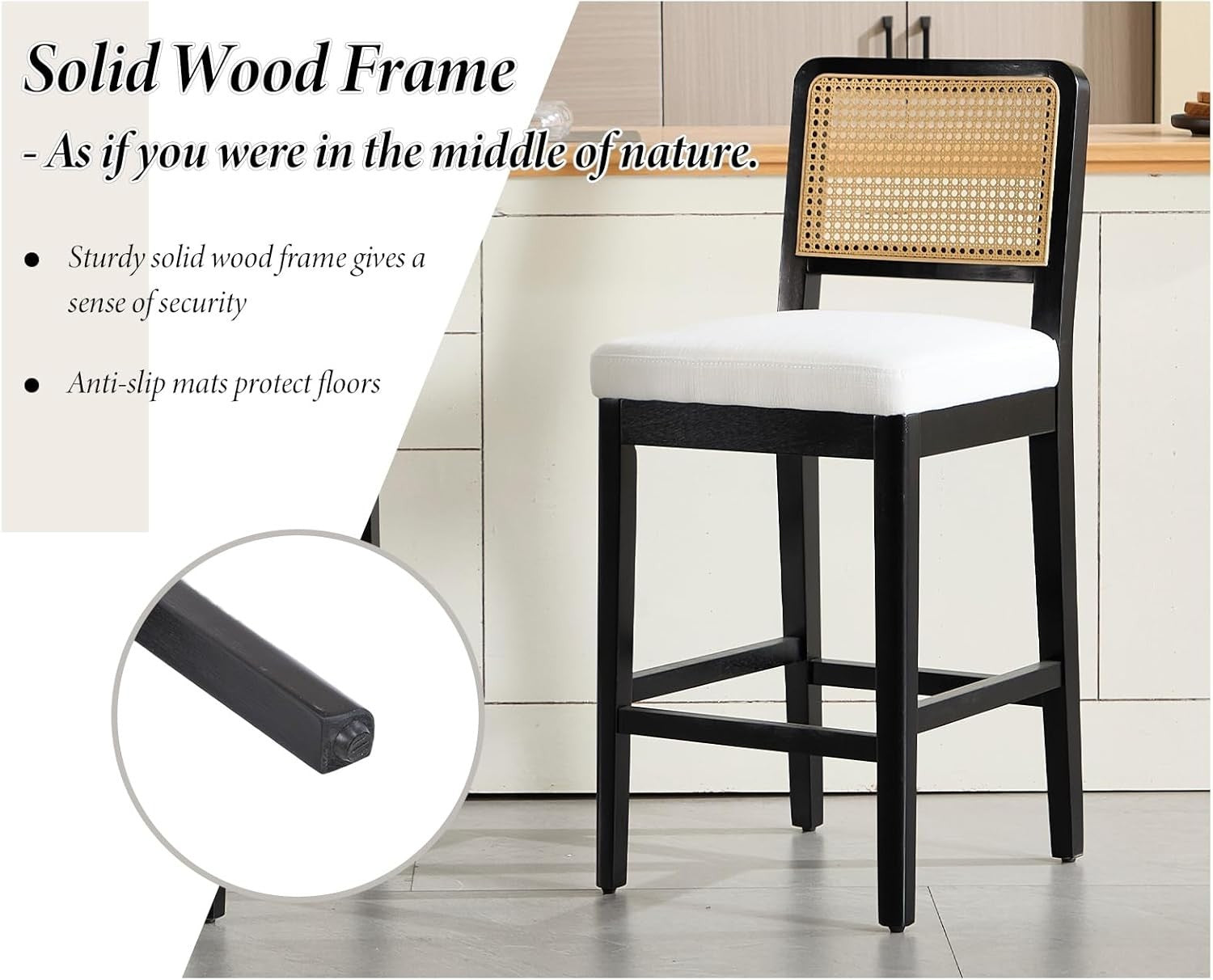 lack Linen Bar Stool Set of 4 with Rattan Back Wooden Legs