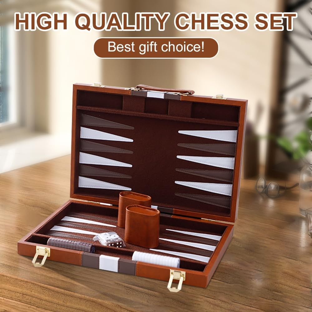 15 Inch Backgammon Set Leather Case Portable Board Game Dice Cups