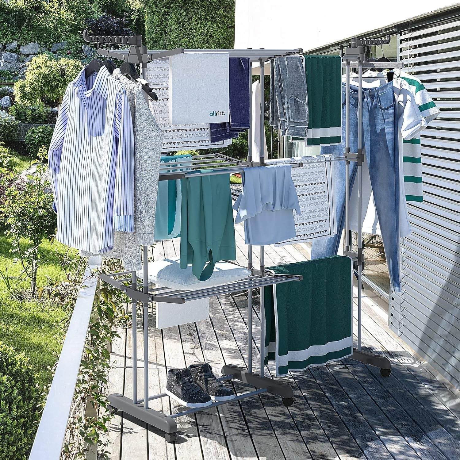 4 Tier Clothes Airer Drying Rack Folding Rolling Large Capacity Indoor Outdoor