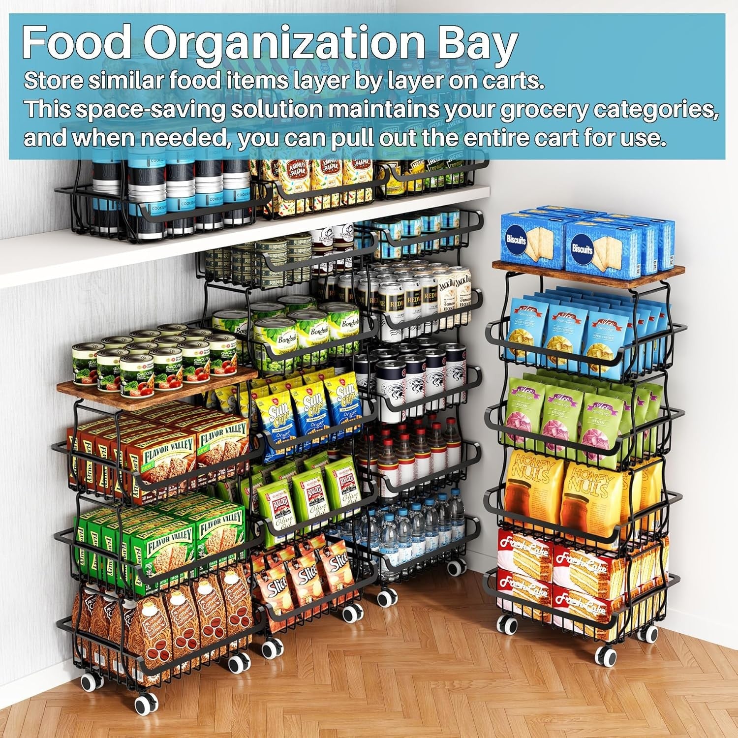 4 Tier Pantry Organiser Storage Cart Rolling Metal Baskets Kitchen Trolley