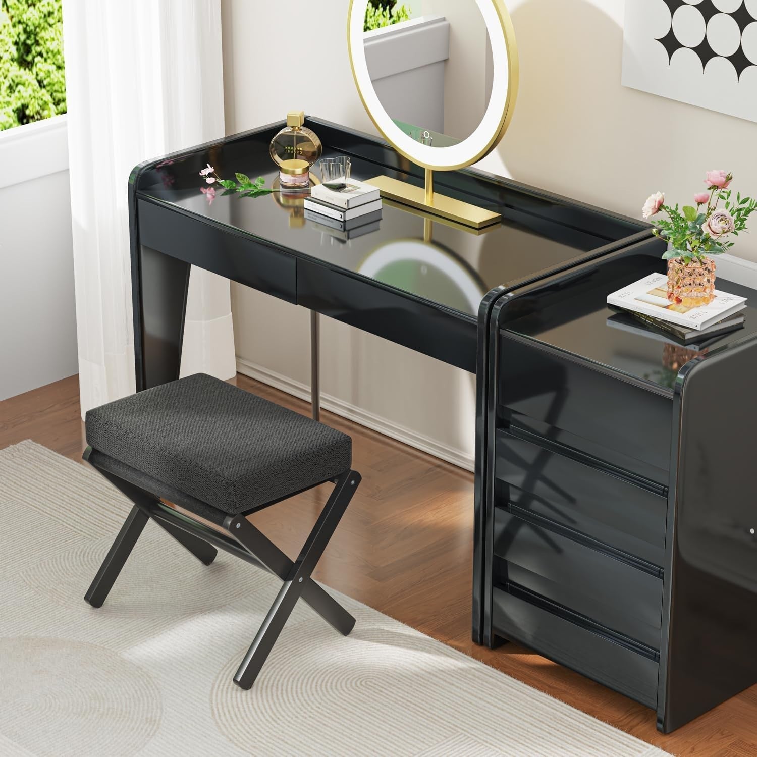 Black Foldable Footstool Ottoman with Bamboo X-Legs & Thick Chenille Cushion