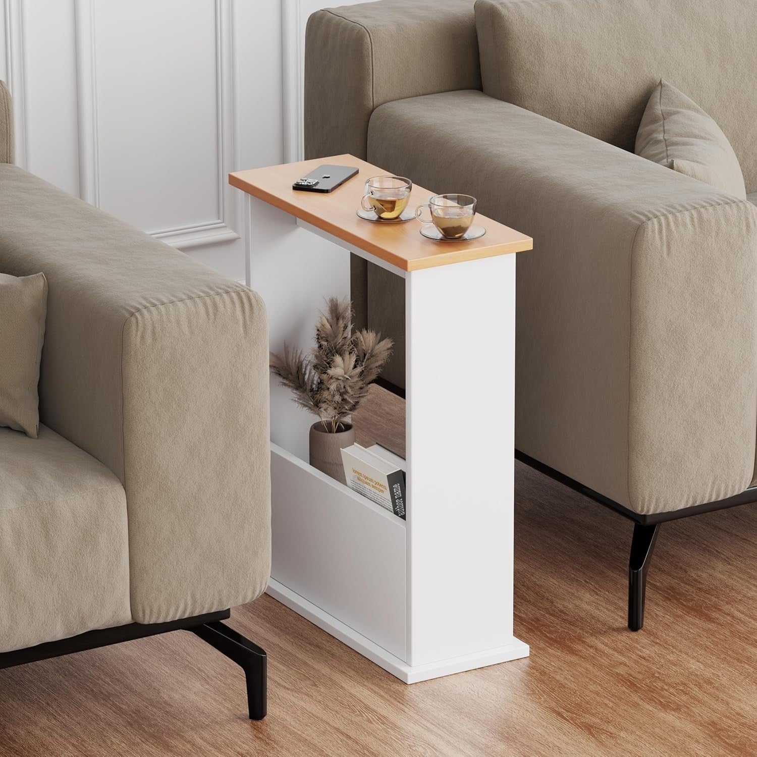 Slim Modern Side Table with Magazine Rack, Space-Saving 55x45x18cm White