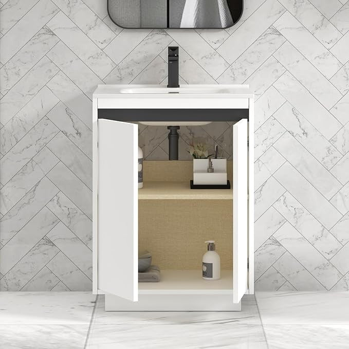 600mm Matte White Floor Standing Vanity Unit with Basin Sink 2 Door Cabinet