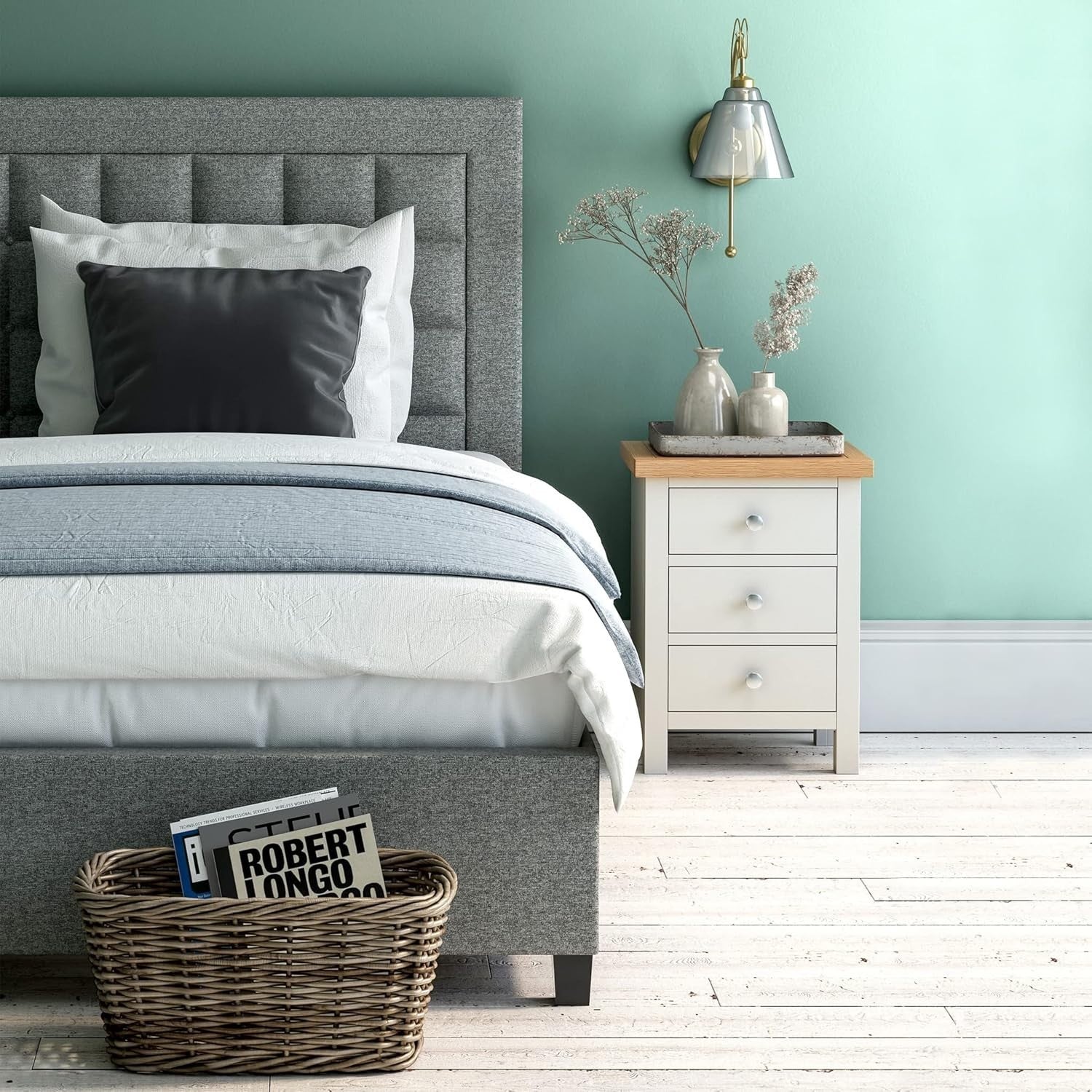 Cream 3 Drawer Bedside Table with Solid Oak Top Fully Assembled 42x32x56cm
