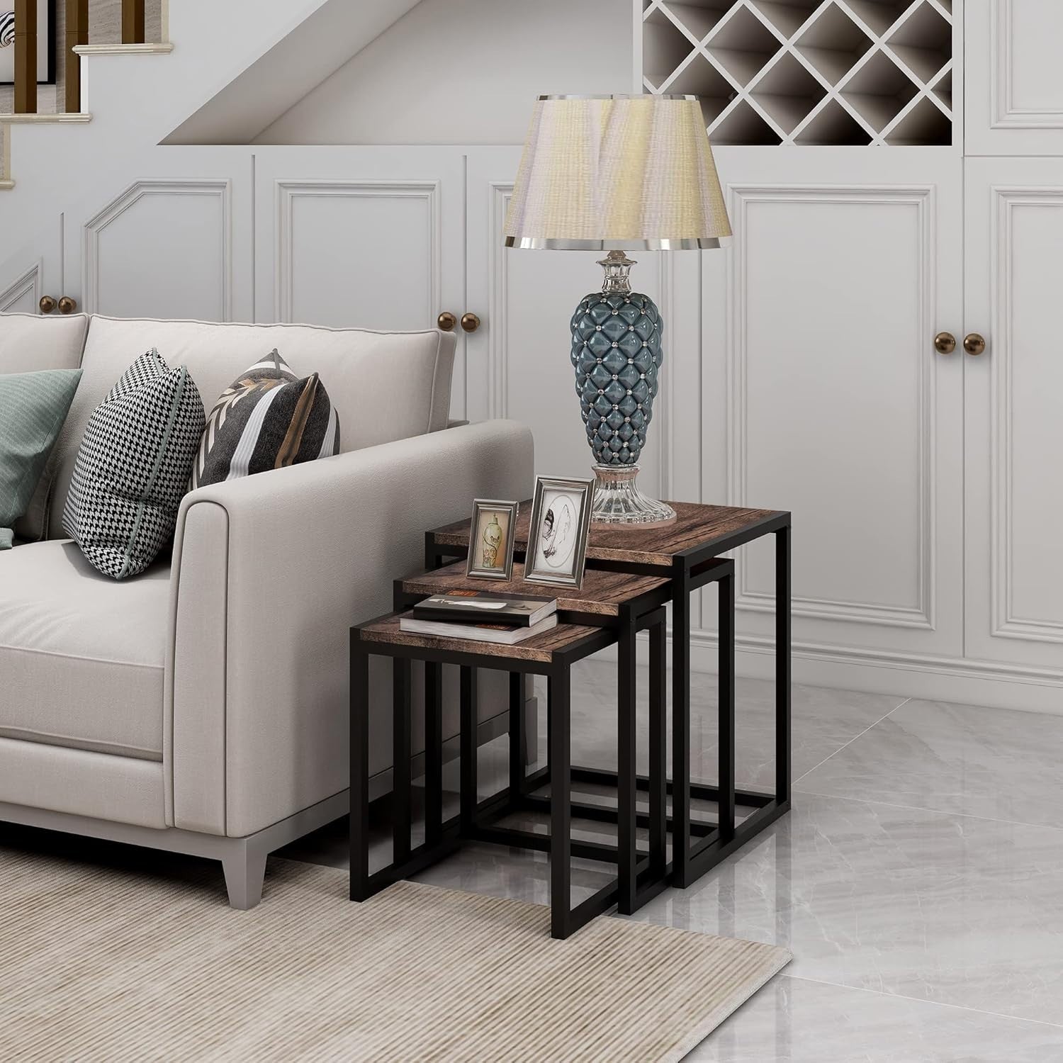 Space Saving Nesting Coffee Table Set of 3 Brown Square End Side Tables Living R