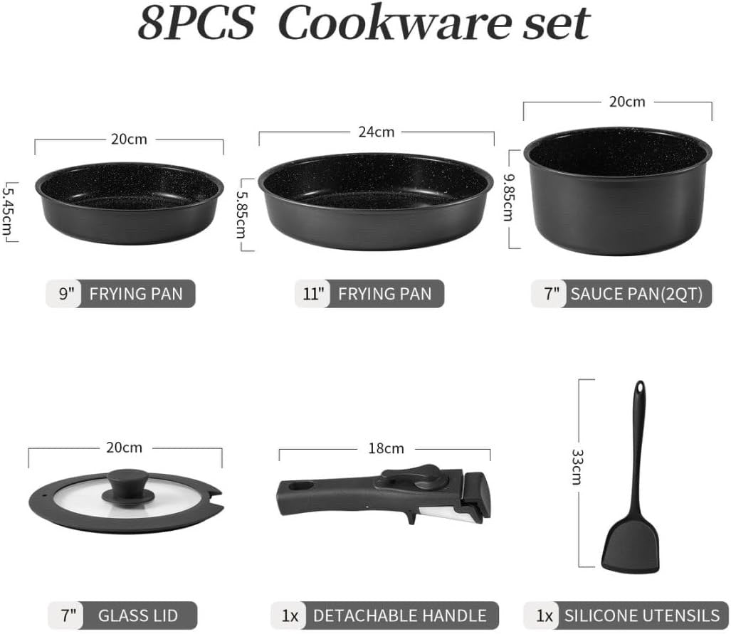 6pcs Non Stick Ceramic Cookware Set – Induction Safe Pans with Detachable Handle