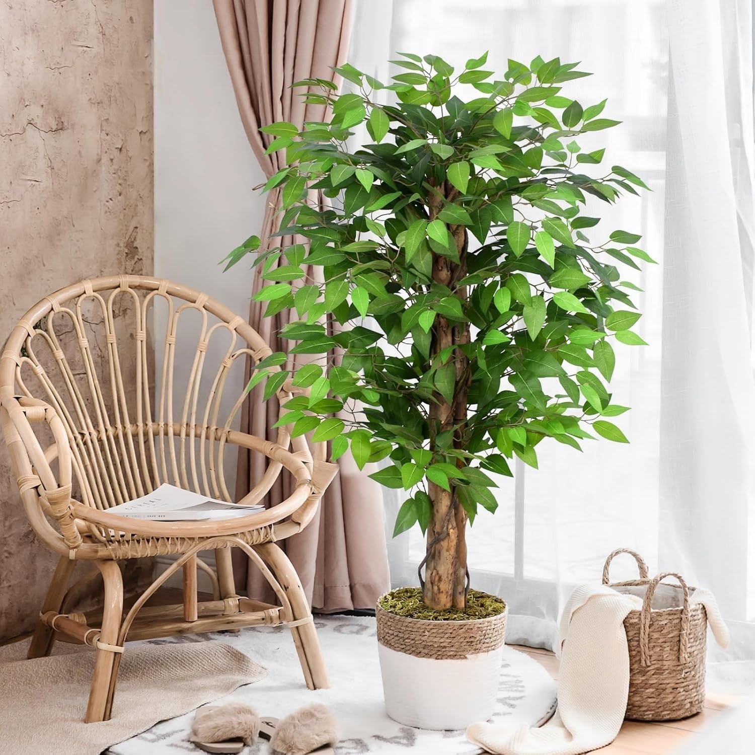 4ft Artificial Ficus Trees Set of 2 Curved Trunk Lush Green Indoor Decor Plants