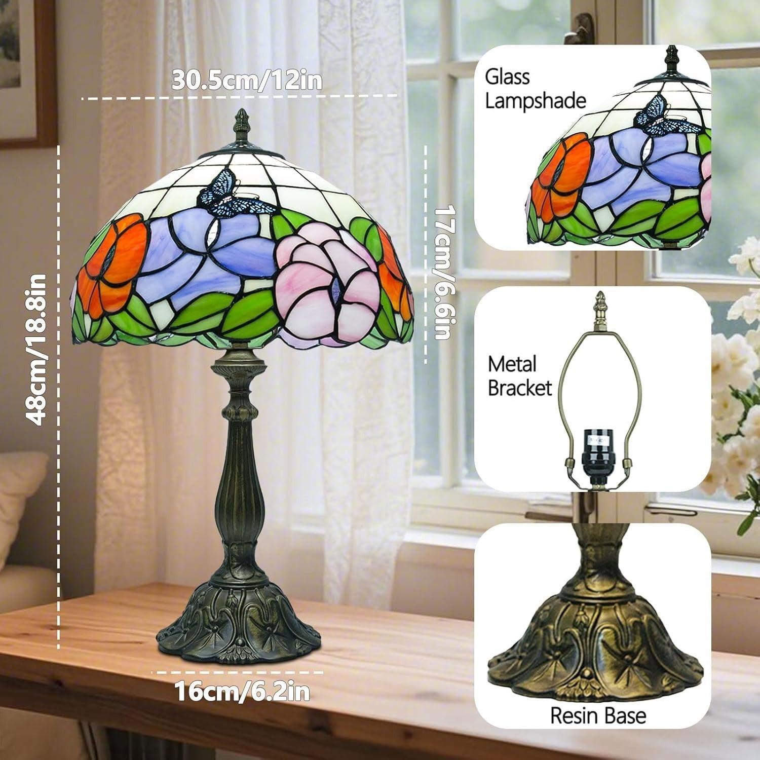 12" Stained Glass Table Lamp with Remote, Adjustable Light & Elegant Design