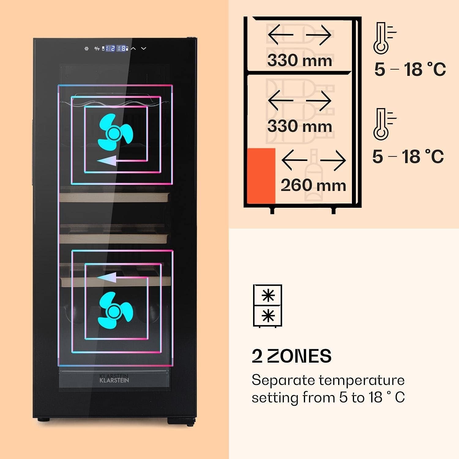 Dual Zone Wine Cooler Fridge 18 Bottle Glass Door LED Touch Control Black