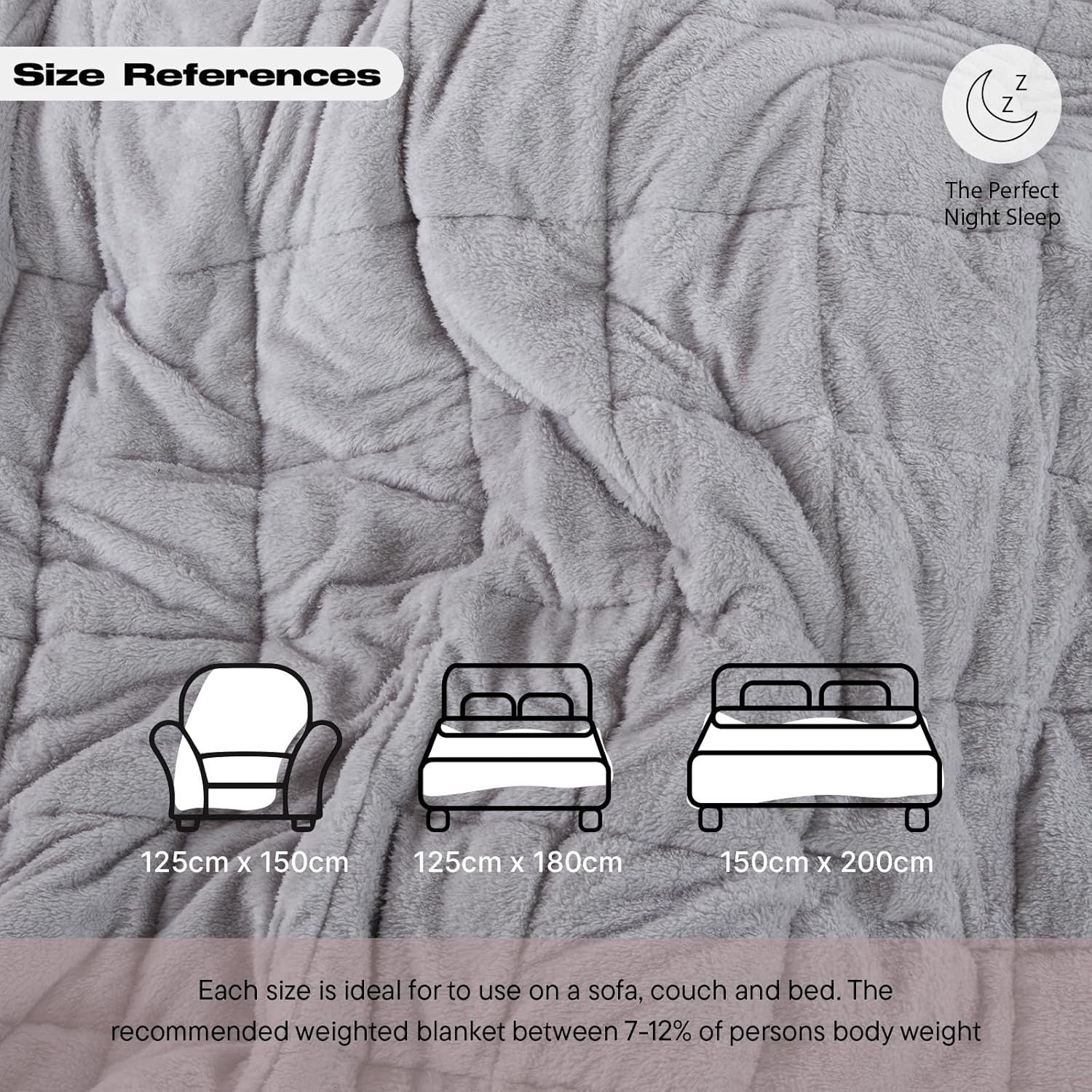 Teddy Fleece Weighted Blanket Silver Grey 8kg 150x200cm Calming Comfort