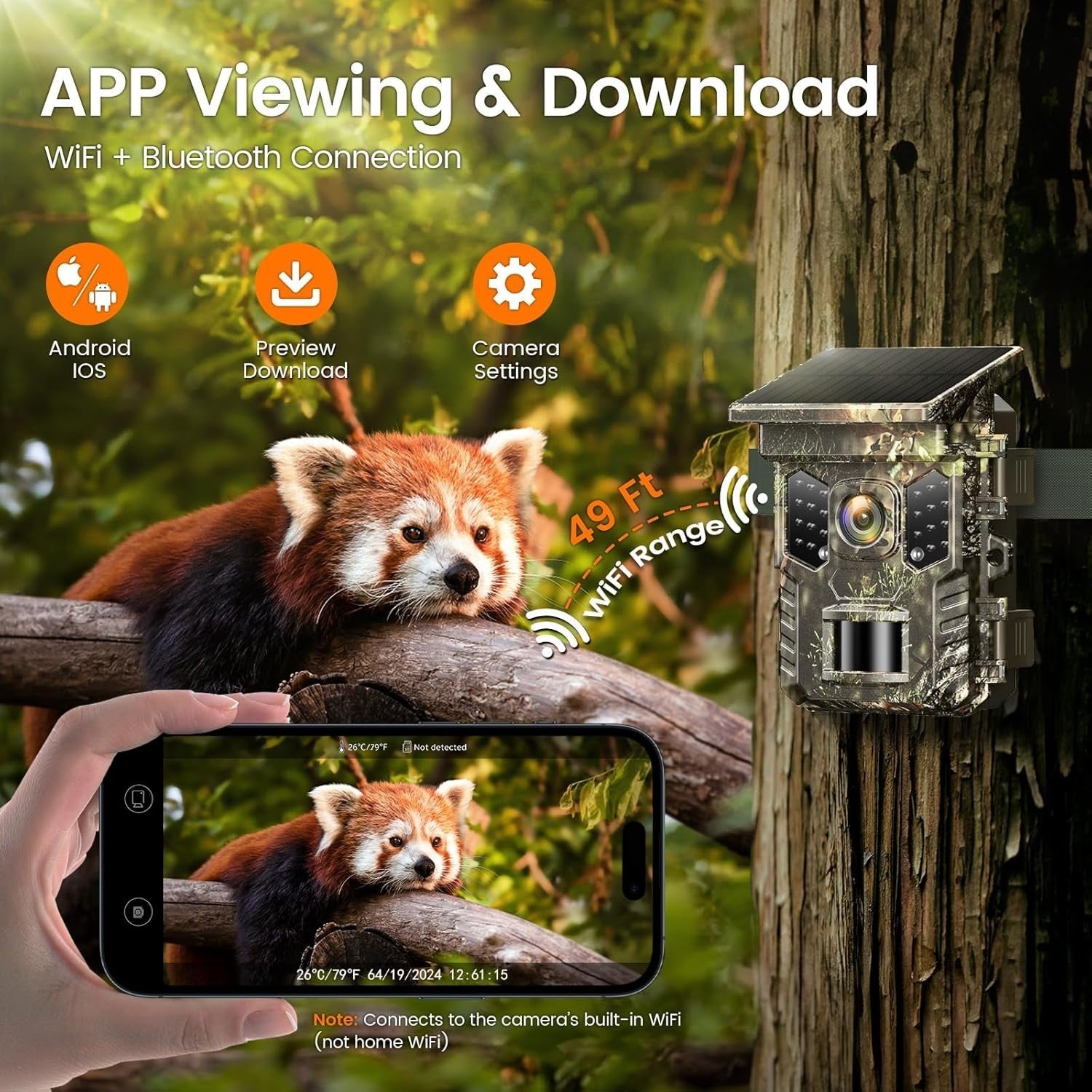 4K 64MP Solar Trail Camera WiFi Bluetooth Night Vision Waterproof