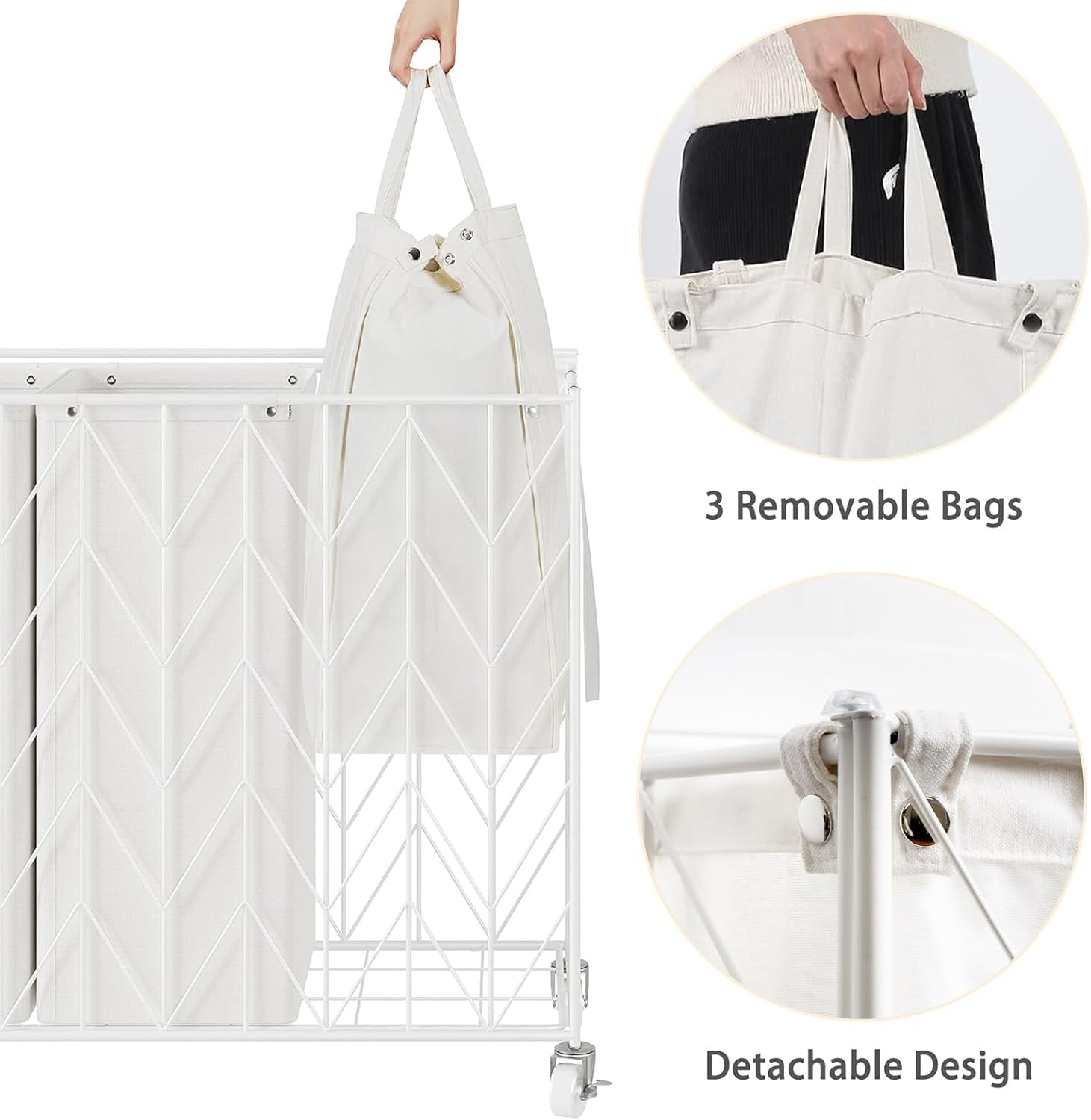 142L 3 Section Laundry Hamper with Wheels Lid & Removable Bags Large Organizer