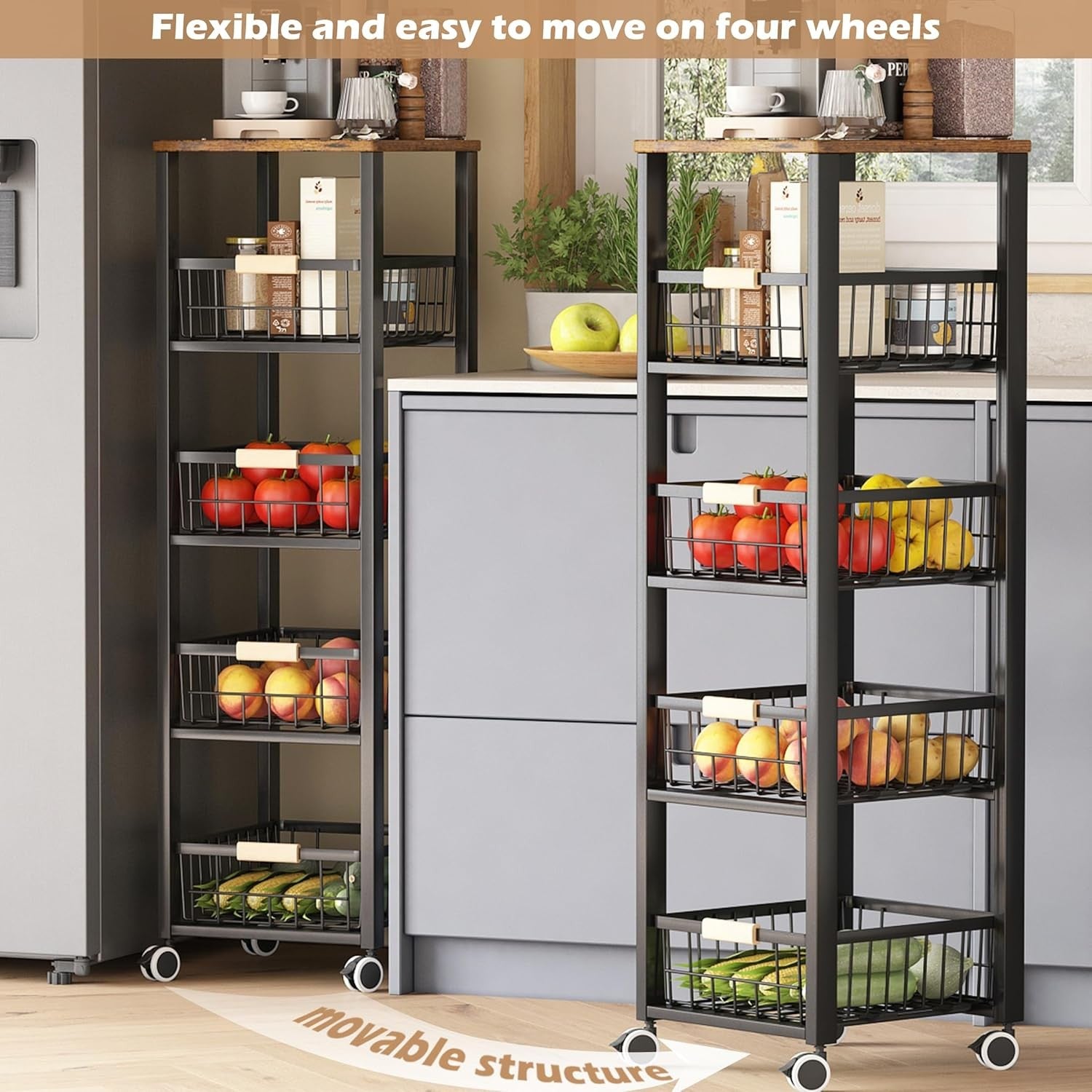 5 Tier Kitchen Storage Trolley with Wheels Slim Fruit Vegetable Basket Rack