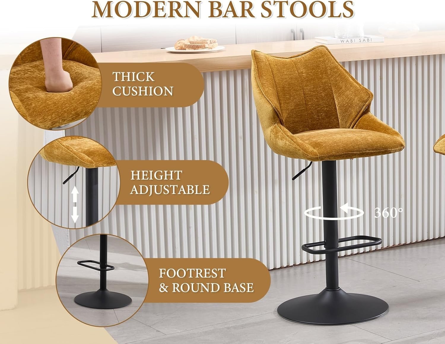 Yellow Chenille Bar Stool Set of 2 Adjustable Swivel Kitchen Counter Chairs
