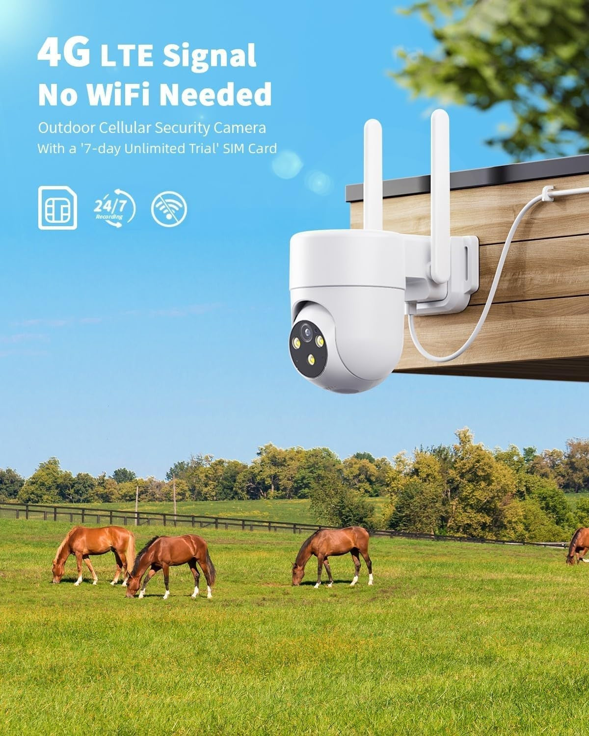 4G LTE Security Camera Outdoor 2K PTZ CCTV SIM Card 24/7 Recording