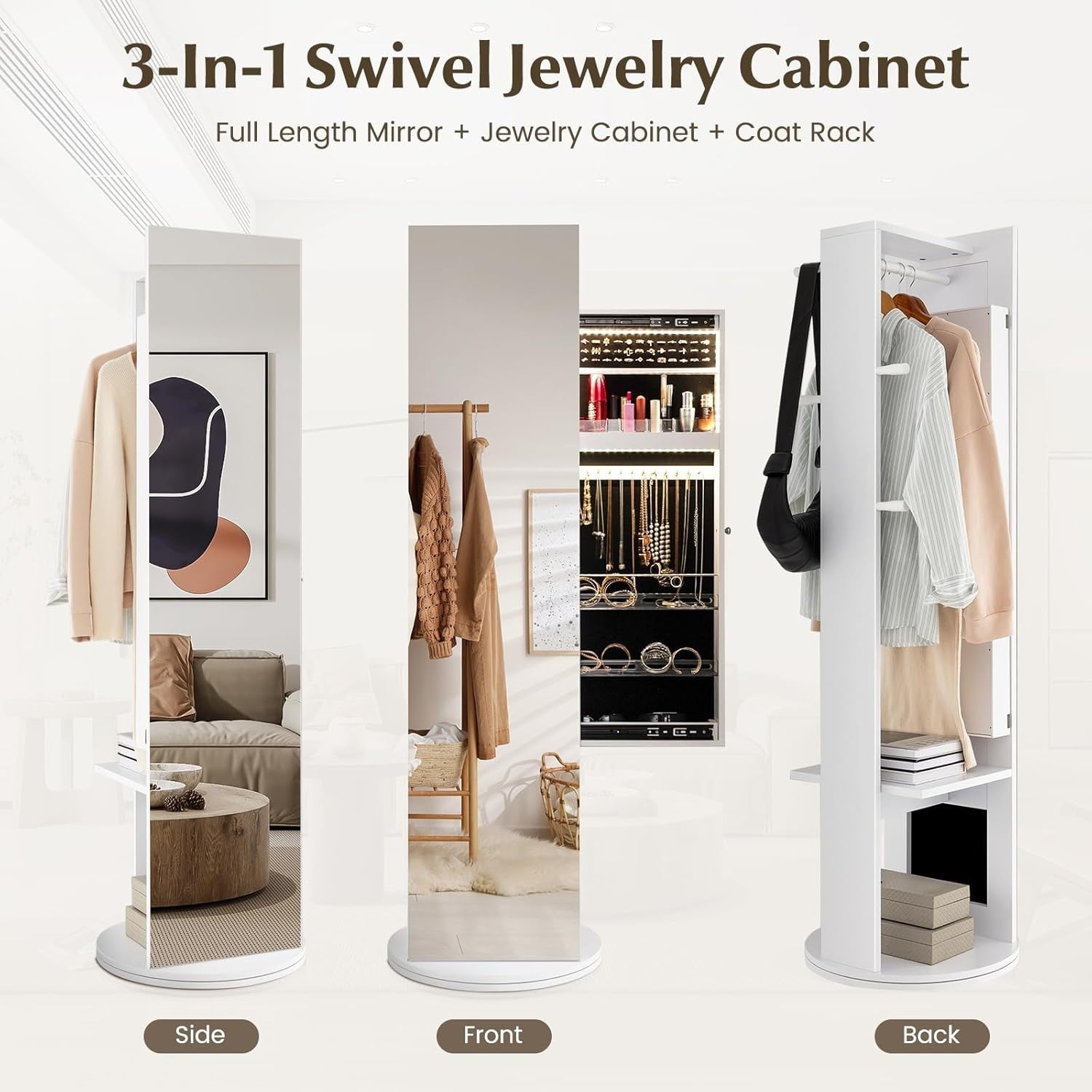 White 360° Rotating LED Jewellery Cabinet Mirror with Coat Rack