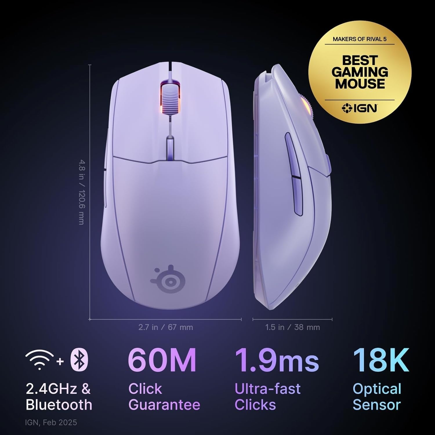 Wireless Gaming Mouse 18000 DPI Bluetooth 2.4GHz 60M Click Lavender