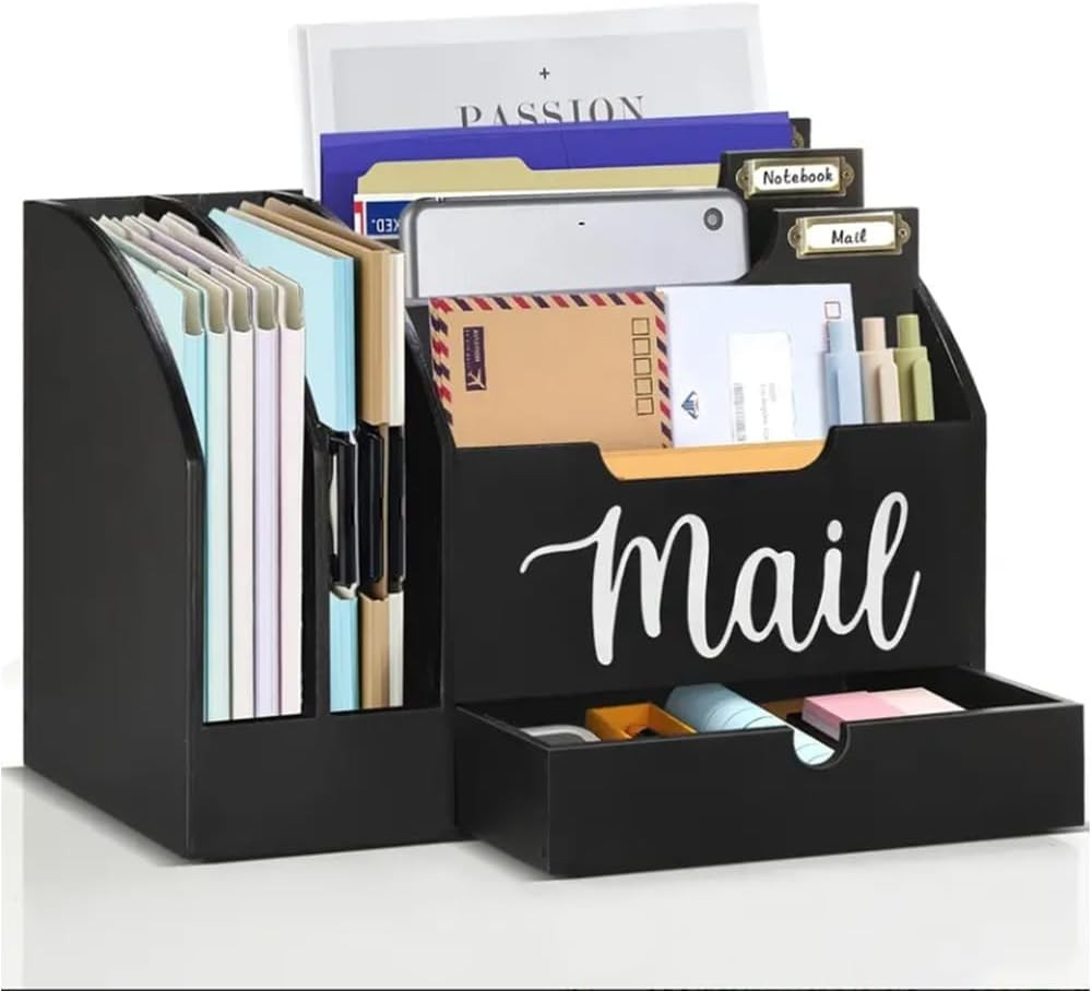 Wood Desktop Mail Organizer with 6 Compartments & Drawer – Desk Storage