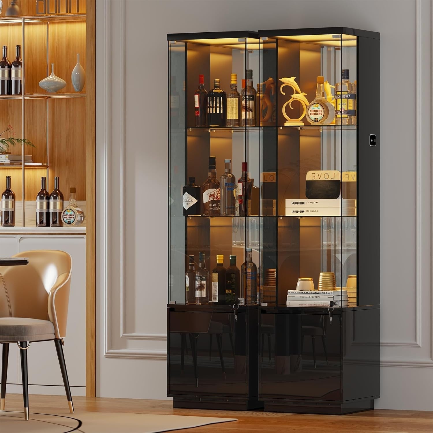 Tall Glass Display Cabinet w/ Lights & Lock | Modern 3-Tier Storage Unit